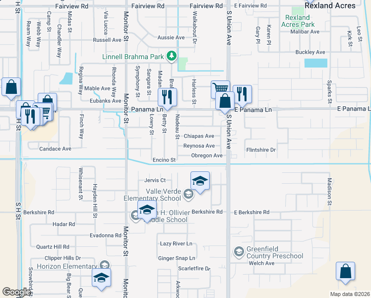 map of restaurants, bars, coffee shops, grocery stores, and more near 411 Reynosa Avenue in Bakersfield