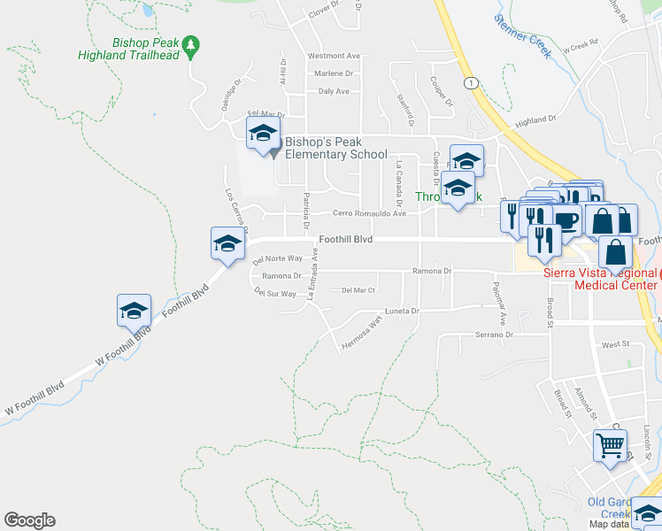 map of restaurants, bars, coffee shops, grocery stores, and more near 240 Ramona Drive in San Luis Obispo