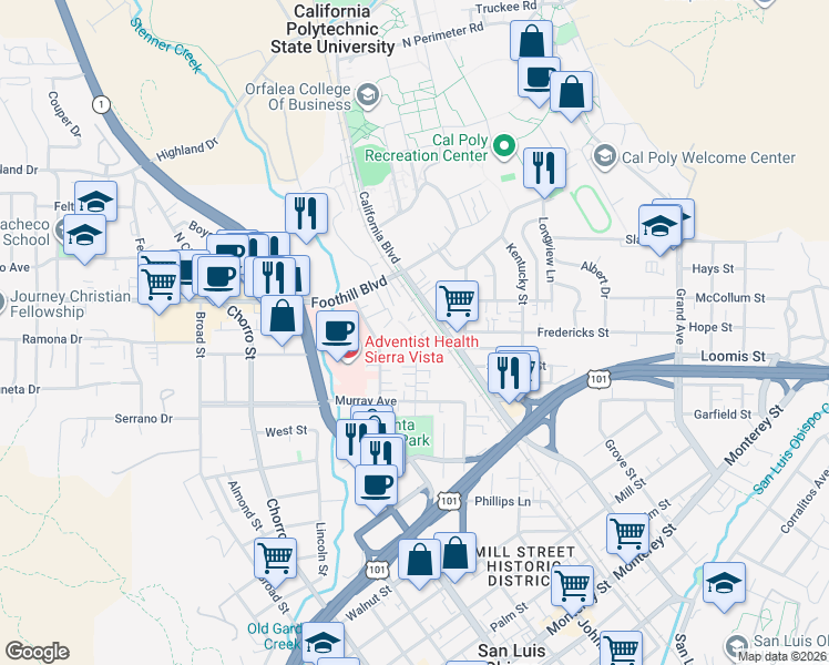 map of restaurants, bars, coffee shops, grocery stores, and more near 55 Stenner Street in San Luis Obispo