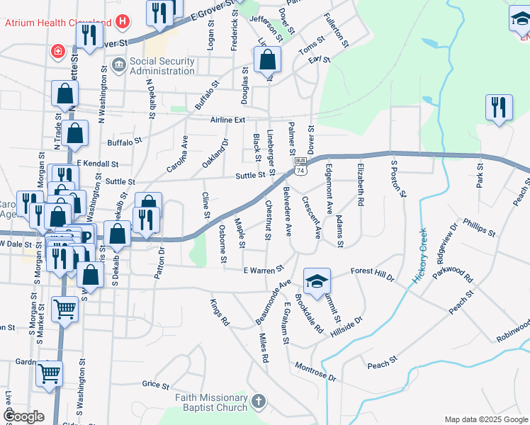 map of restaurants, bars, coffee shops, grocery stores, and more near 109 Chestnut Street in Shelby