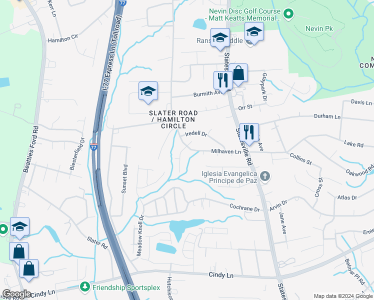 map of restaurants, bars, coffee shops, grocery stores, and more near 2736 Daffodil Drive in Charlotte