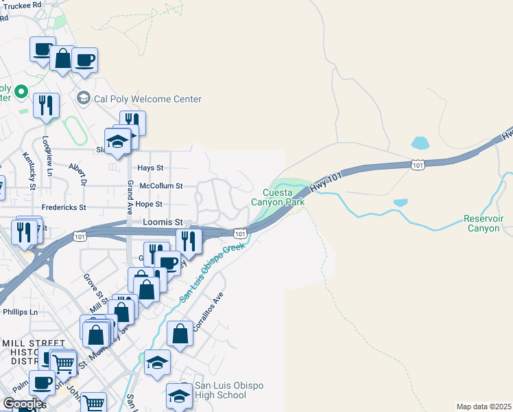 map of restaurants, bars, coffee shops, grocery stores, and more near 2306 Santa Ynez Avenue in San Luis Obispo