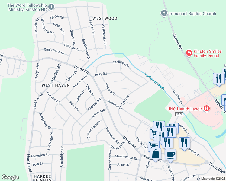 map of restaurants, bars, coffee shops, grocery stores, and more near 1015 Pamela Drive in Kinston