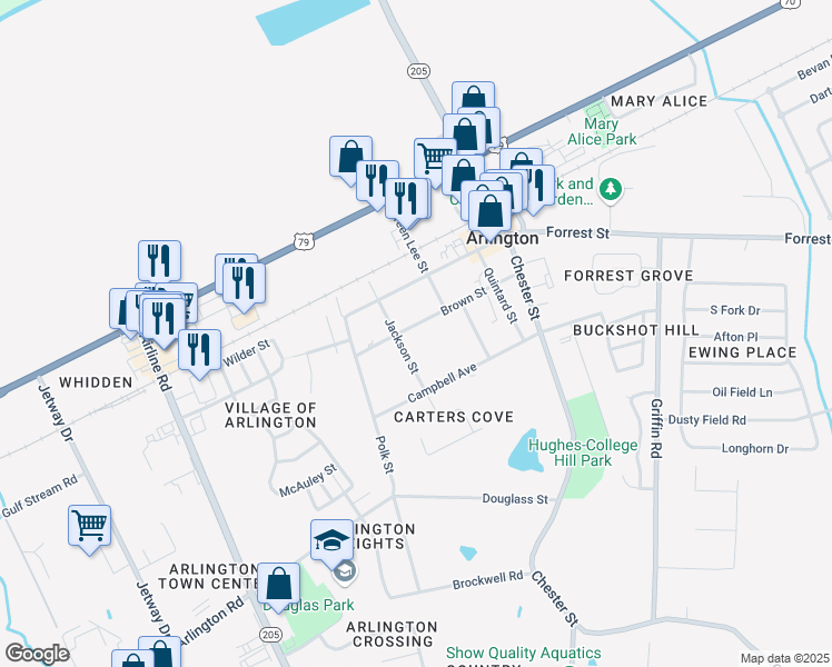 map of restaurants, bars, coffee shops, grocery stores, and more near 11921 Brown Street in Arlington