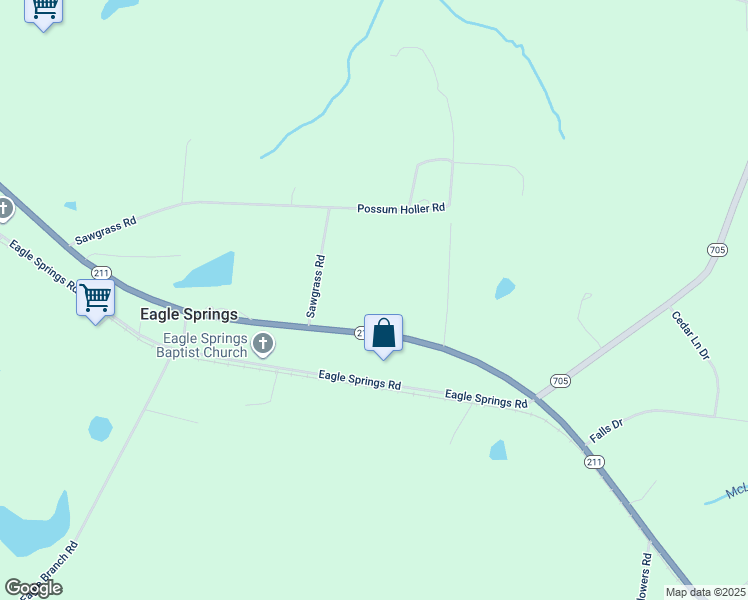 map of restaurants, bars, coffee shops, grocery stores, and more near 2205 North Carolina 211 in Eagle Springs