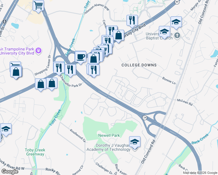 map of restaurants, bars, coffee shops, grocery stores, and more near 9016 Meadow Vista Road in Charlotte