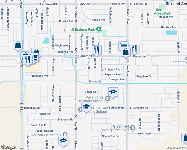 map of restaurants, bars, coffee shops, grocery stores, and more near 6715 Betty Street in Bakersfield
