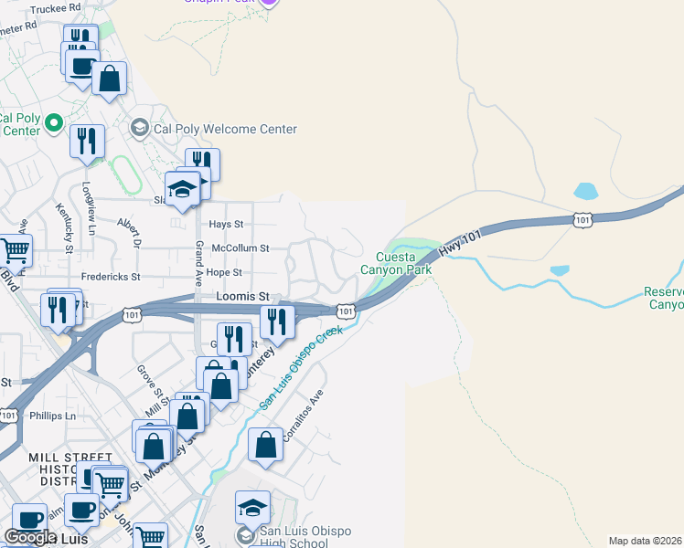 map of restaurants, bars, coffee shops, grocery stores, and more near 384 Santa Maria Avenue in San Luis Obispo