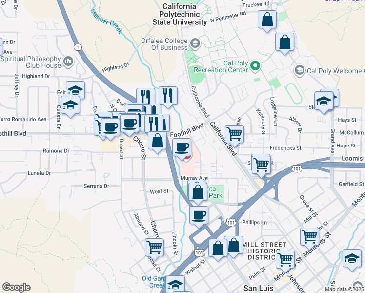 map of restaurants, bars, coffee shops, grocery stores, and more near 21 Casa Street in San Luis Obispo