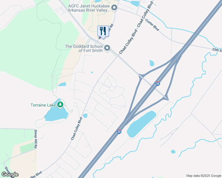 map of restaurants, bars, coffee shops, grocery stores, and more near 9505 Chad Colley Boulevard in Fort Smith