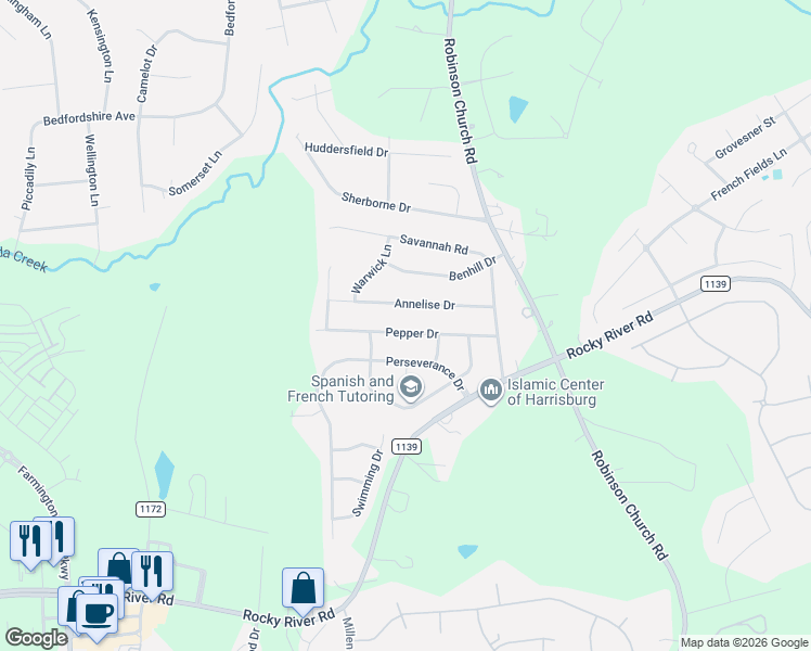 map of restaurants, bars, coffee shops, grocery stores, and more near 4865 Annelise Drive in Harrisburg