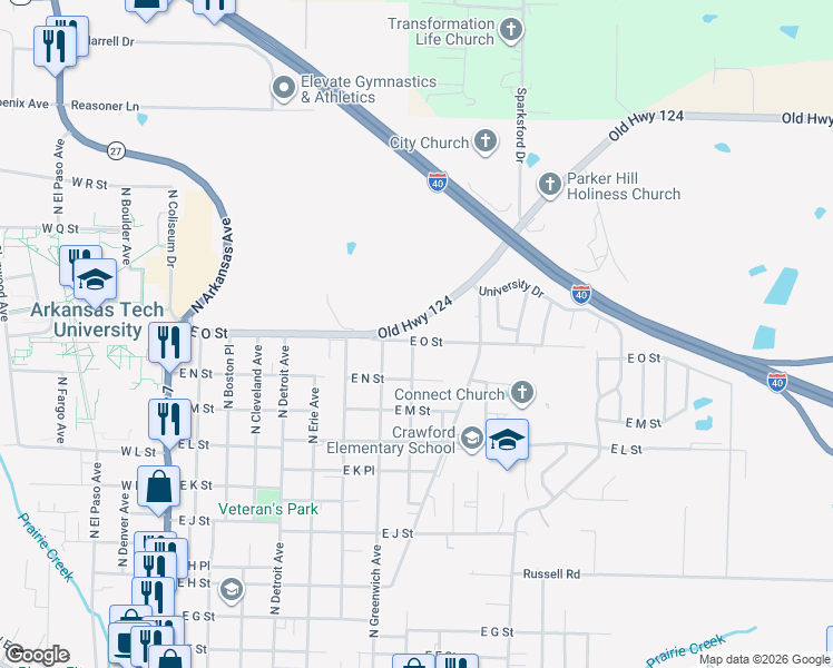 map of restaurants, bars, coffee shops, grocery stores, and more near 1420 North Greenwich Avenue in Russellville