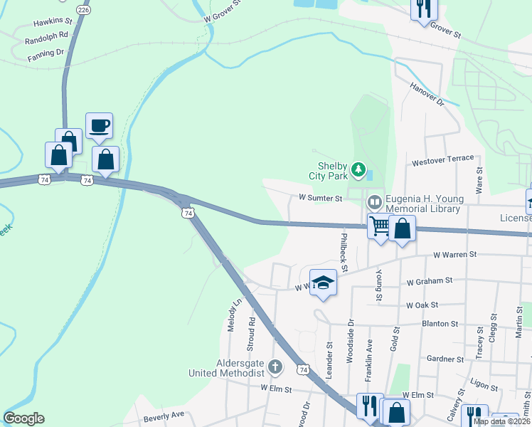 map of restaurants, bars, coffee shops, grocery stores, and more near 912 West Marion Street in Shelby