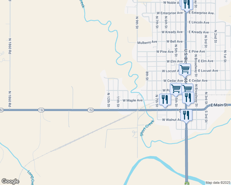 map of restaurants, bars, coffee shops, grocery stores, and more near 213 11th Street in Sayre