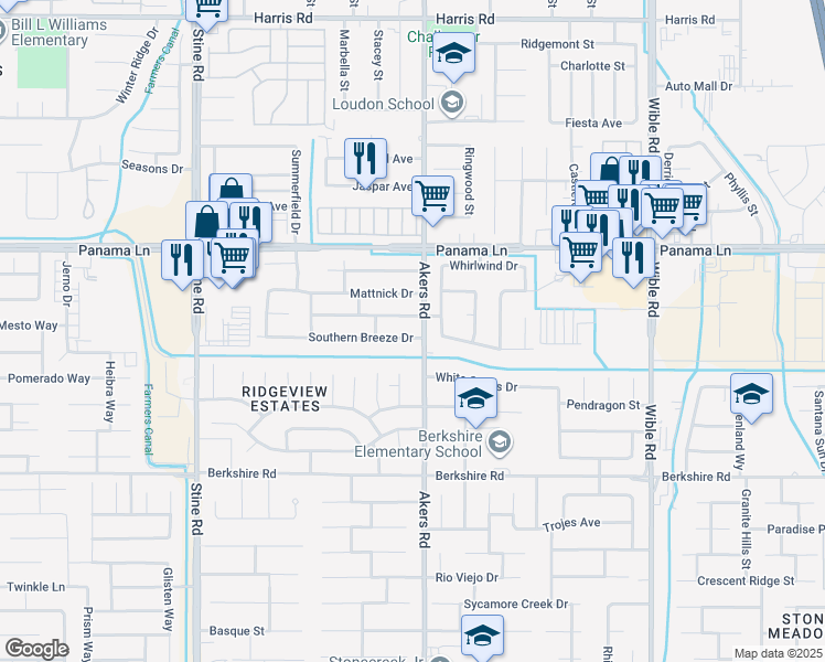 map of restaurants, bars, coffee shops, grocery stores, and more near 4104 Southern Breeze Drive in Bakersfield