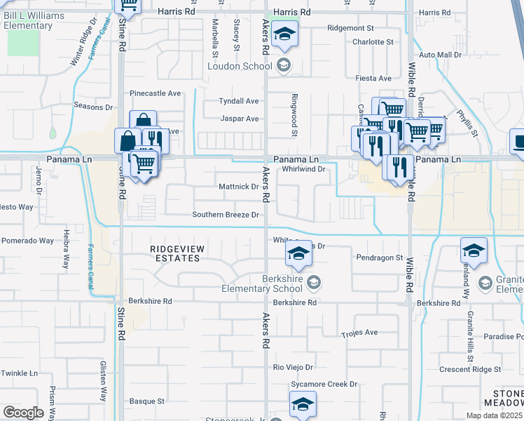 map of restaurants, bars, coffee shops, grocery stores, and more near 4100 Southern Breeze Drive in Bakersfield