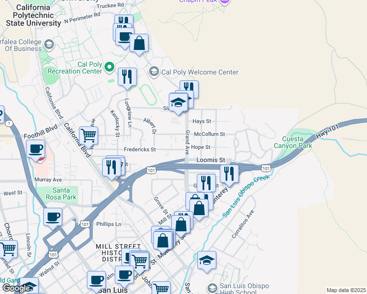 map of restaurants, bars, coffee shops, grocery stores, and more near 397 Grand Avenue in San Luis Obispo