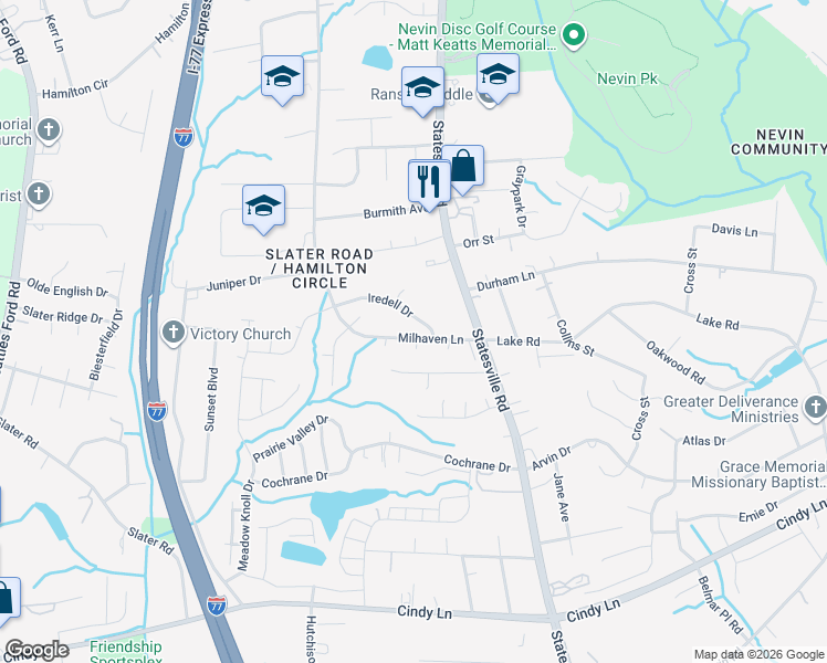 map of restaurants, bars, coffee shops, grocery stores, and more near 5120 Milhaven Lane in Charlotte