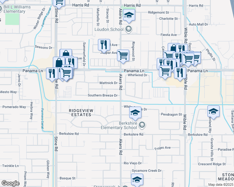 map of restaurants, bars, coffee shops, grocery stores, and more near 4104 Southern Breeze Drive in Bakersfield