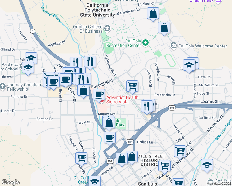 map of restaurants, bars, coffee shops, grocery stores, and more near 35 Stenner Street in San Luis Obispo