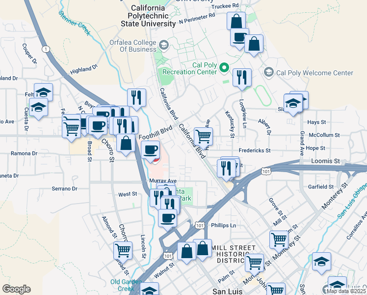 map of restaurants, bars, coffee shops, grocery stores, and more near 55 Stenner Street in San Luis Obispo