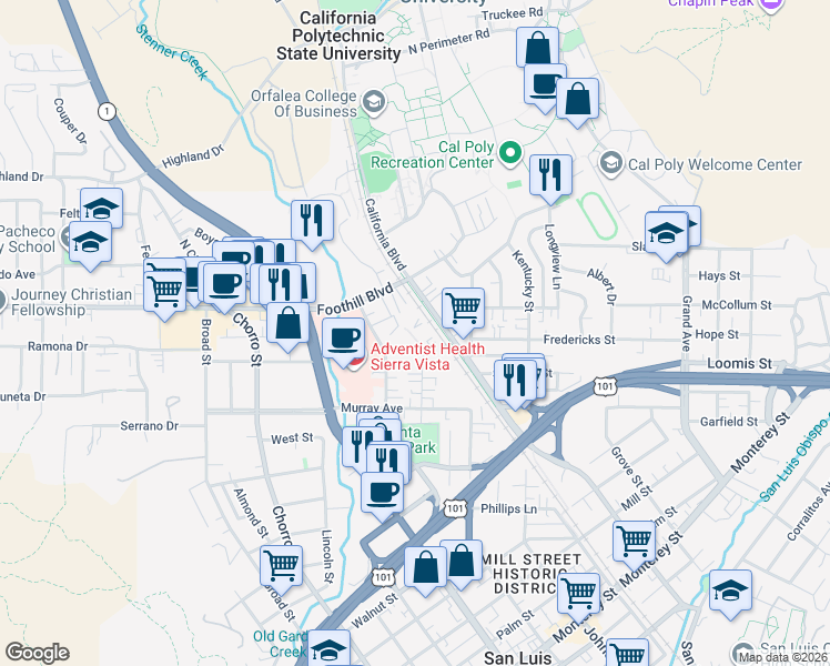 map of restaurants, bars, coffee shops, grocery stores, and more near 55 Stenner Street in San Luis Obispo