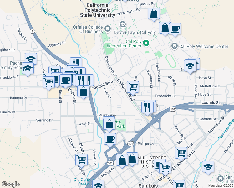 map of restaurants, bars, coffee shops, grocery stores, and more near 35 Stenner Street in San Luis Obispo