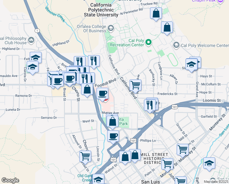 map of restaurants, bars, coffee shops, grocery stores, and more near 35 Stenner Street in San Luis Obispo