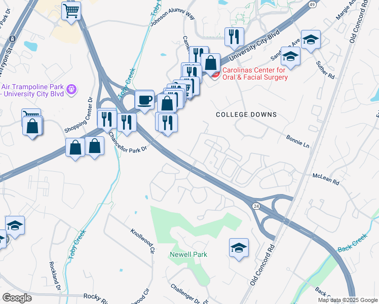 map of restaurants, bars, coffee shops, grocery stores, and more near 9016 Meadow Vista Road in Charlotte