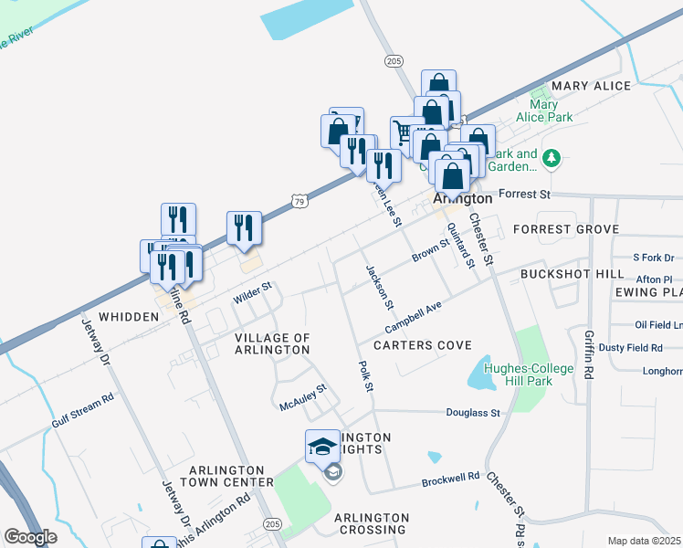 map of restaurants, bars, coffee shops, grocery stores, and more near 6112 Polk Street in Arlington