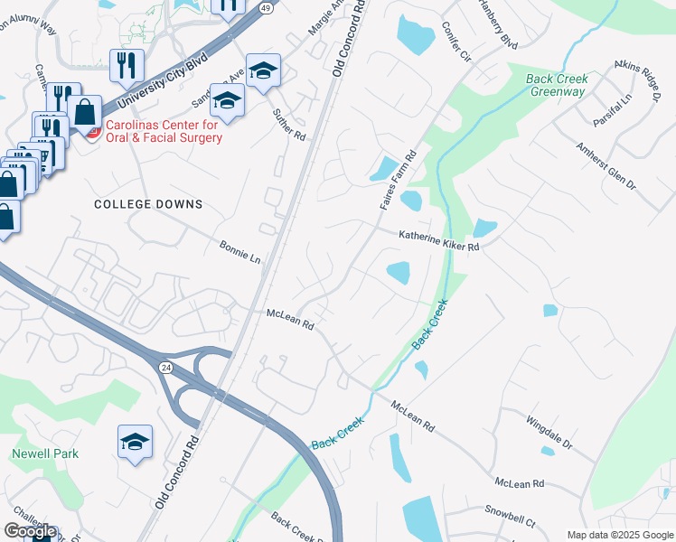 map of restaurants, bars, coffee shops, grocery stores, and more near 9320 Amy Drive in Charlotte