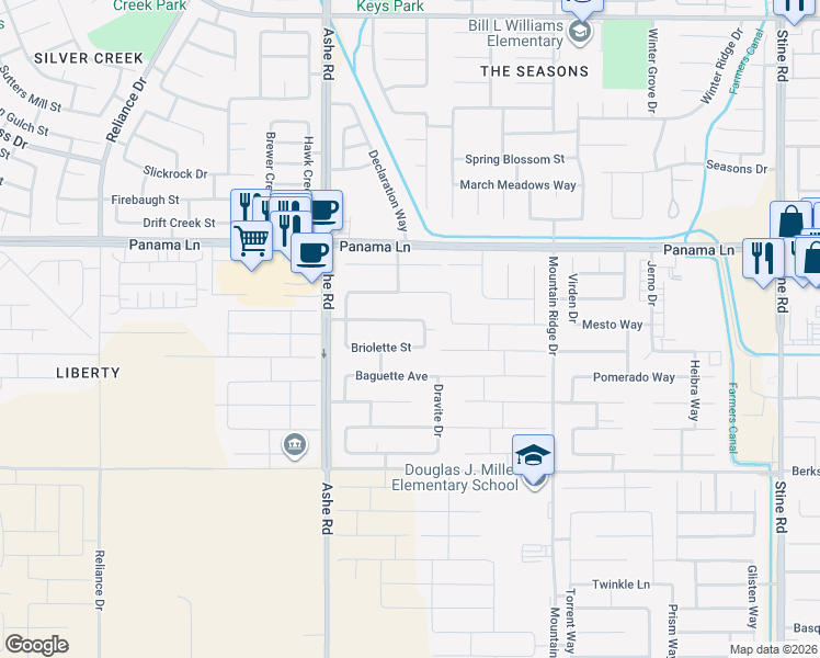 map of restaurants, bars, coffee shops, grocery stores, and more near 6109 Tahitian Pearl Drive in Bakersfield