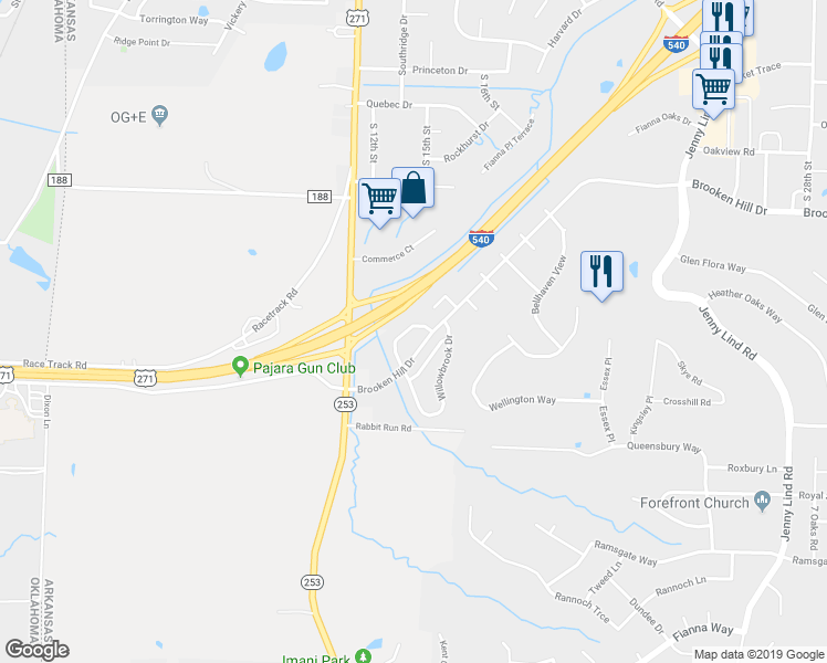 map of restaurants, bars, coffee shops, grocery stores, and more near 1400 Willowbrook Circle in Fort Smith