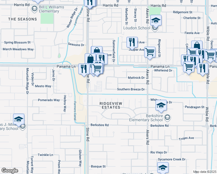 map of restaurants, bars, coffee shops, grocery stores, and more near 4528 Southern Breeze Drive in Bakersfield