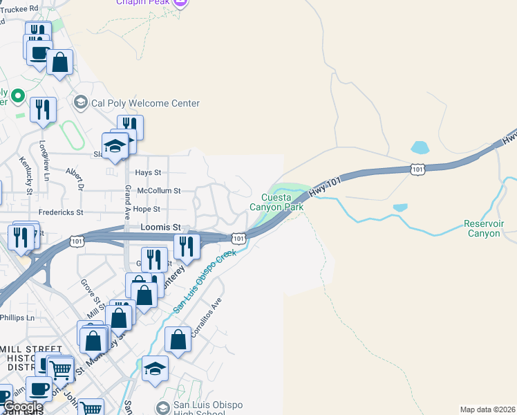 map of restaurants, bars, coffee shops, grocery stores, and more near 2302 Santa Ynez Avenue in San Luis Obispo