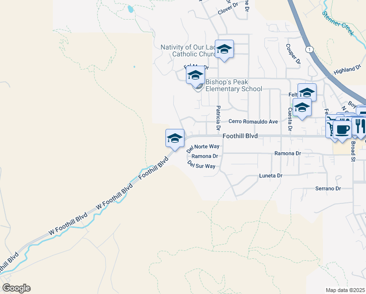 map of restaurants, bars, coffee shops, grocery stores, and more near 81 Foothill Boulevard in San Luis Obispo