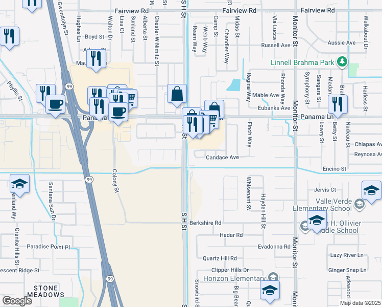 map of restaurants, bars, coffee shops, grocery stores, and more near 6809 Zelda Way in Bakersfield