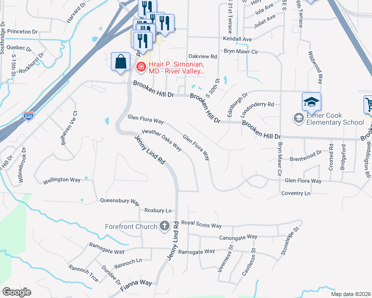map of restaurants, bars, coffee shops, grocery stores, and more near 2901 Heather Oaks Way in Fort Smith
