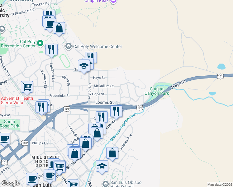 map of restaurants, bars, coffee shops, grocery stores, and more near 2060 Hope Street in San Luis Obispo