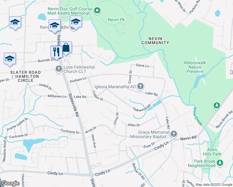 map of restaurants, bars, coffee shops, grocery stores, and more near 3631 Oakwood Road in Charlotte