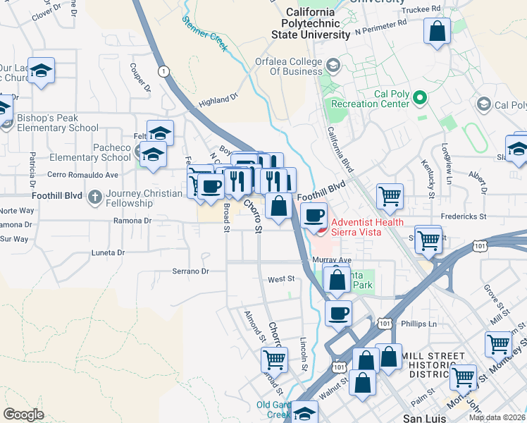 map of restaurants, bars, coffee shops, grocery stores, and more near 806 Rougeot Place in San Luis Obispo