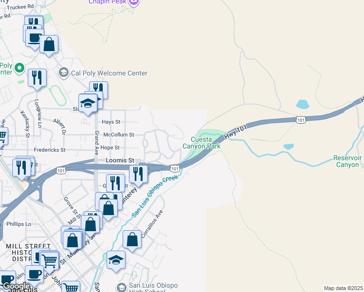 map of restaurants, bars, coffee shops, grocery stores, and more near 2298 Santa Ynez Avenue in San Luis Obispo