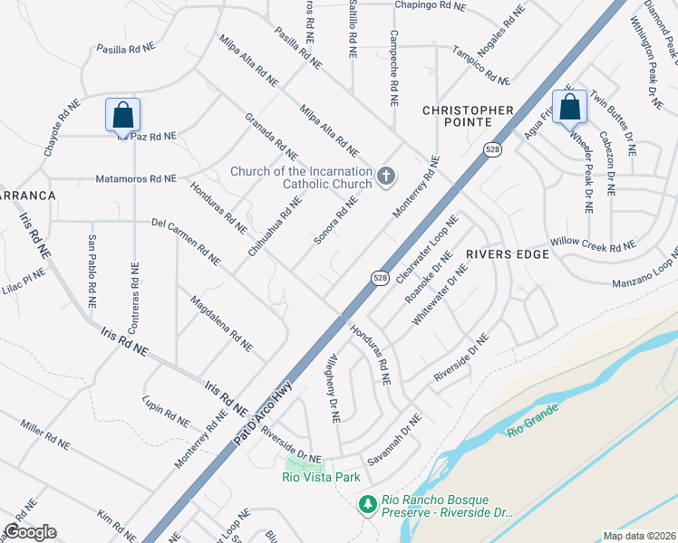 map of restaurants, bars, coffee shops, grocery stores, and more near 2179 Monterrey Road Northeast in Rio Rancho