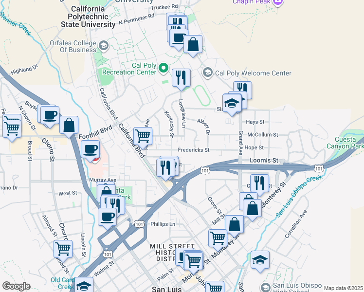 map of restaurants, bars, coffee shops, grocery stores, and more near 1366 Fredericks Street in San Luis Obispo