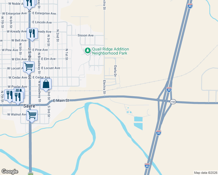 map of restaurants, bars, coffee shops, grocery stores, and more near 106 Magnolia Street in Sayre