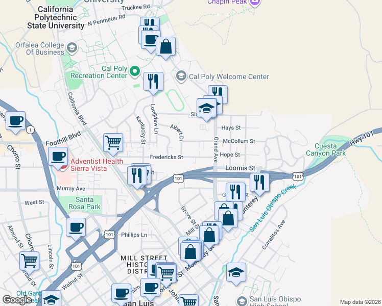 map of restaurants, bars, coffee shops, grocery stores, and more near 1632 Fredericks Street in San Luis Obispo