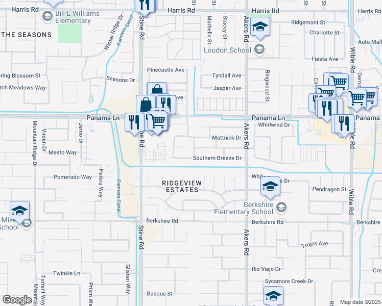 map of restaurants, bars, coffee shops, grocery stores, and more near 6813 Leisure Street in Bakersfield