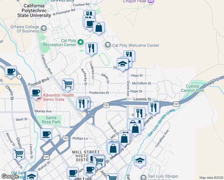 map of restaurants, bars, coffee shops, grocery stores, and more near 1632 Fredericks Street in San Luis Obispo