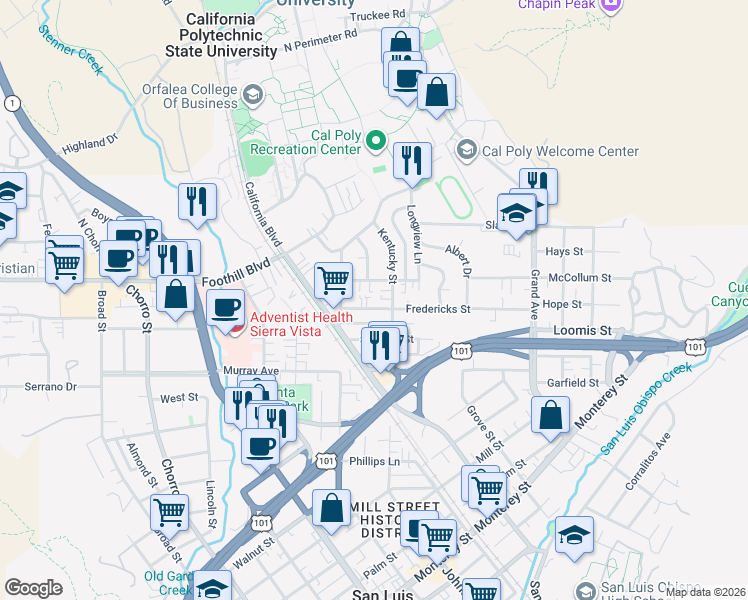 map of restaurants, bars, coffee shops, grocery stores, and more near 1270 Fredericks Street in San Luis Obispo