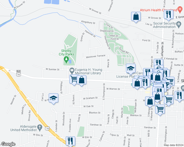 map of restaurants, bars, coffee shops, grocery stores, and more near 725 West Sumter Street in Shelby
